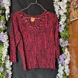 Ruby Rd. Red and Black Patterned Long Sleeve Top with Beaded Neckline